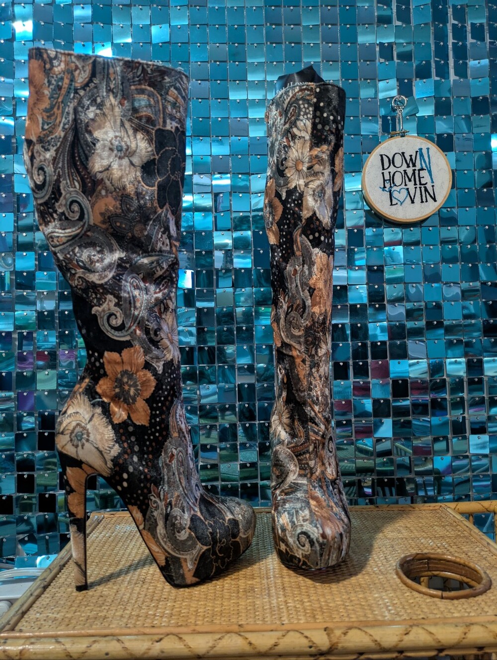 Knee High Floral Velour High Heeled Boots